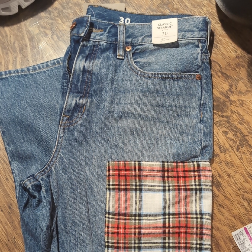 J. Crew Classic Straight Blue Jeans 90s Tartan Plaid Patches Christmas